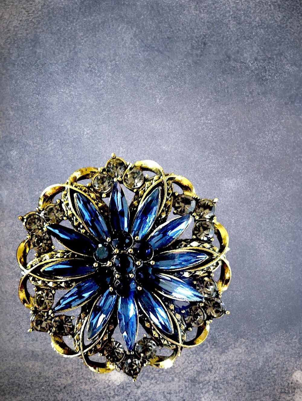 Sapphire and Smokey Blue Rhinestone Flower Brooch